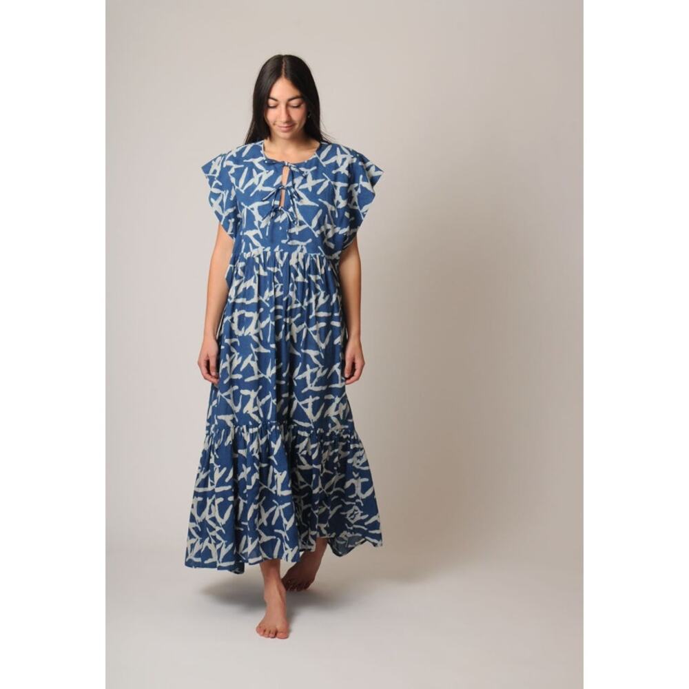 Mirth Sonoma Block Print Maxi Dress Indigo Leaf Pockets Size XS